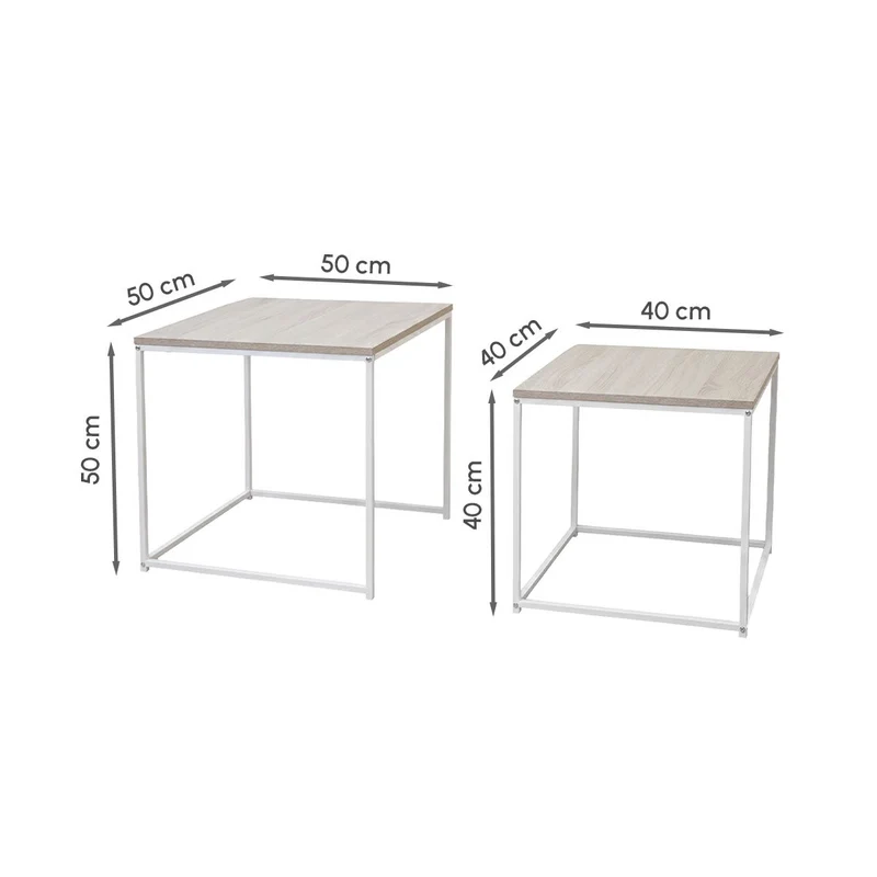Set de 2 mesas nido pequeñas de madera natural y metal color blanco