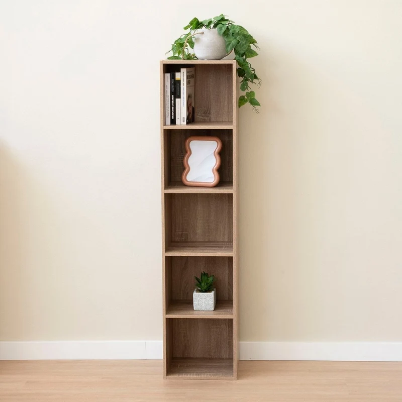 Estantería Cubo con 5 baldas de madera laminada color roble de 132x30x24 cm