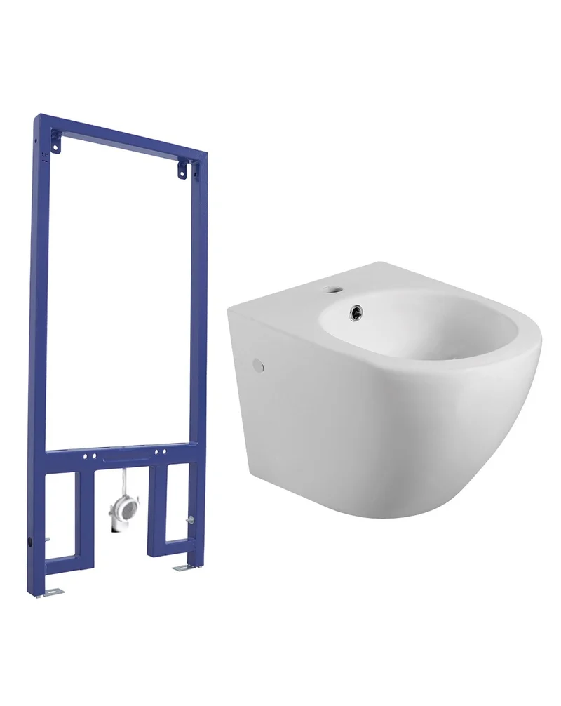 Pack Bidet Suspendido Cerámico de Baño con Bastidor | Moderno y Fácil Limpieza Acompañado de Bastidor | Blanco Mate