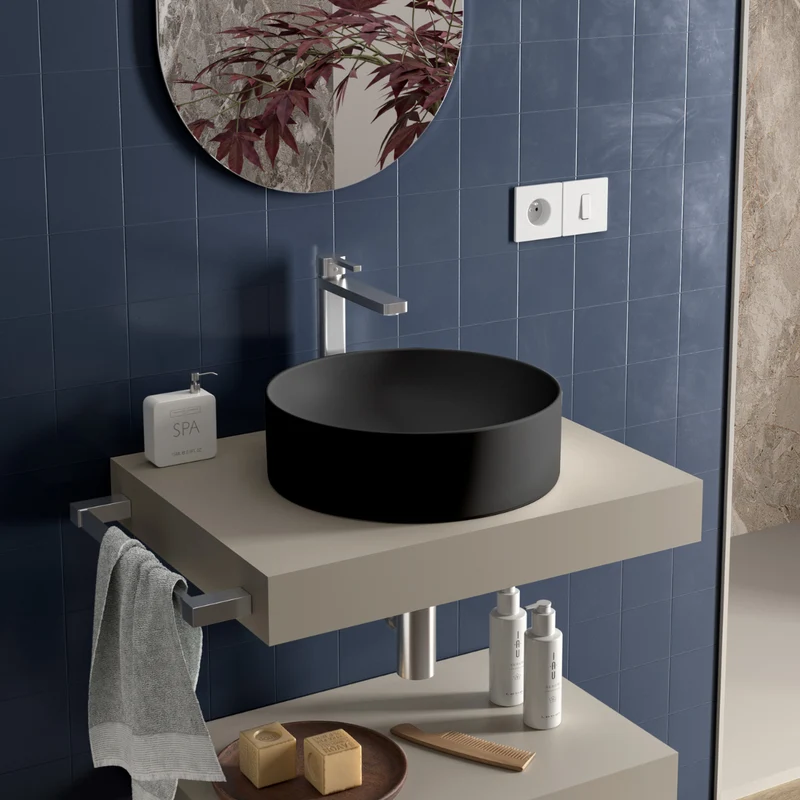 Aruba Lavabo Sobre Encimera Resina Negro | Lavamanos Baño para Encimera Redondo | 37cm de Diámetro