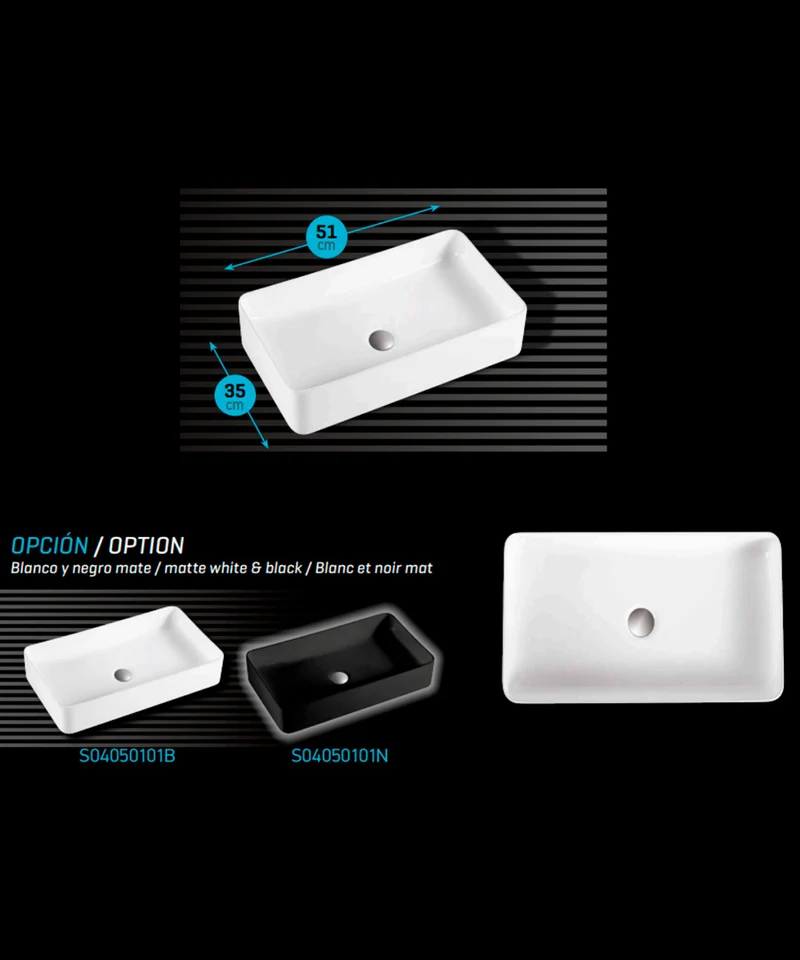Tre Lavabo Sobre Encimera Cerámico Blanco Brillo| Lavamanos Baño para Encimera Rectangular | 51cm x 35cm