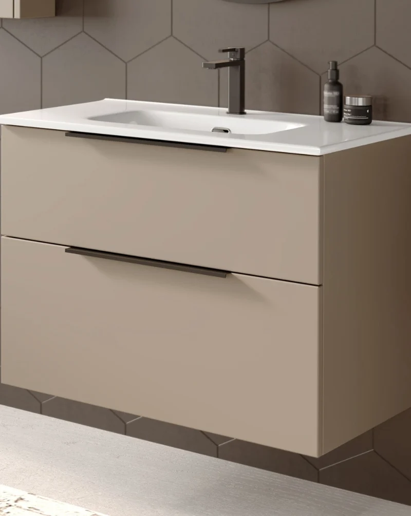 Galsaky Mueble de Baño Suspendido con Lavabo Cerámico | 2 cajones con Cierre Amortiguado y Organizador | Moka Mate