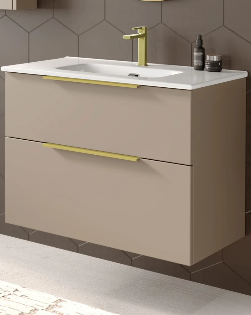 Galsaky Mueble de Baño Suspendido con Lavabo Cerámico | 2 cajones con Cierre Amortiguado y Organizador | Moka Mate