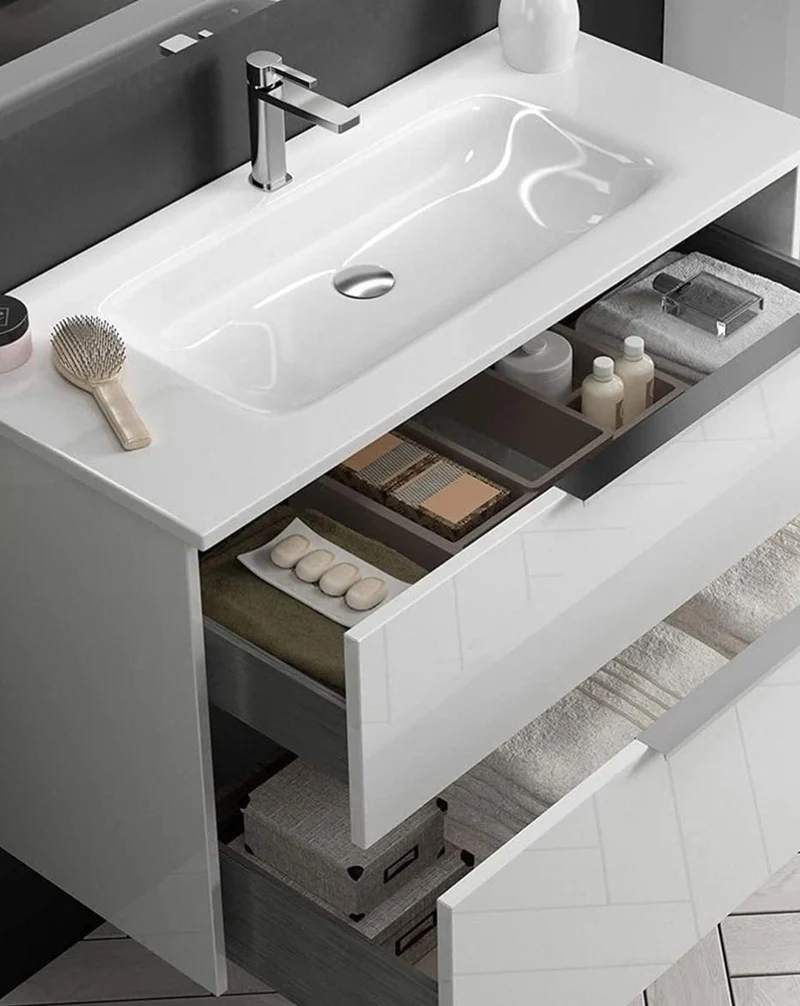Galsaky Mueble de Baño Suspendido con Lavabo Cerámico | 2 cajones con Cierre Amortiguado y Organizador | Blanco Brillo