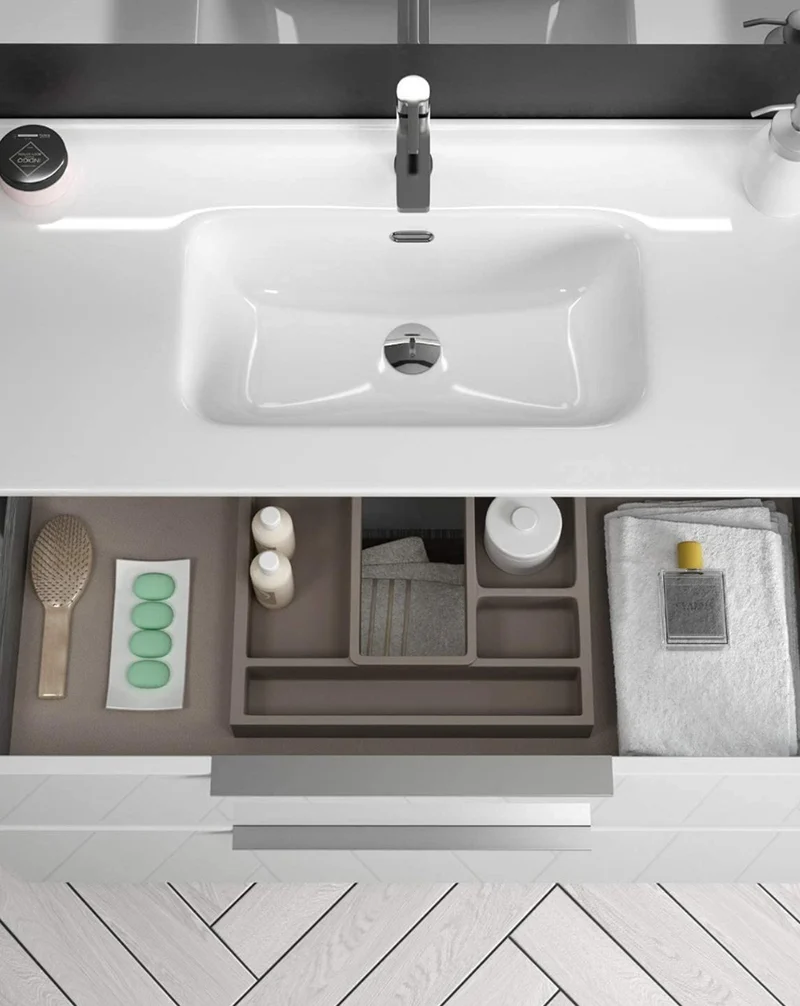 Galsaky Mueble de Baño Suspendido con Lavabo Cerámico | 2 cajones con Cierre Amortiguado y Organizador | Blanco Brillo