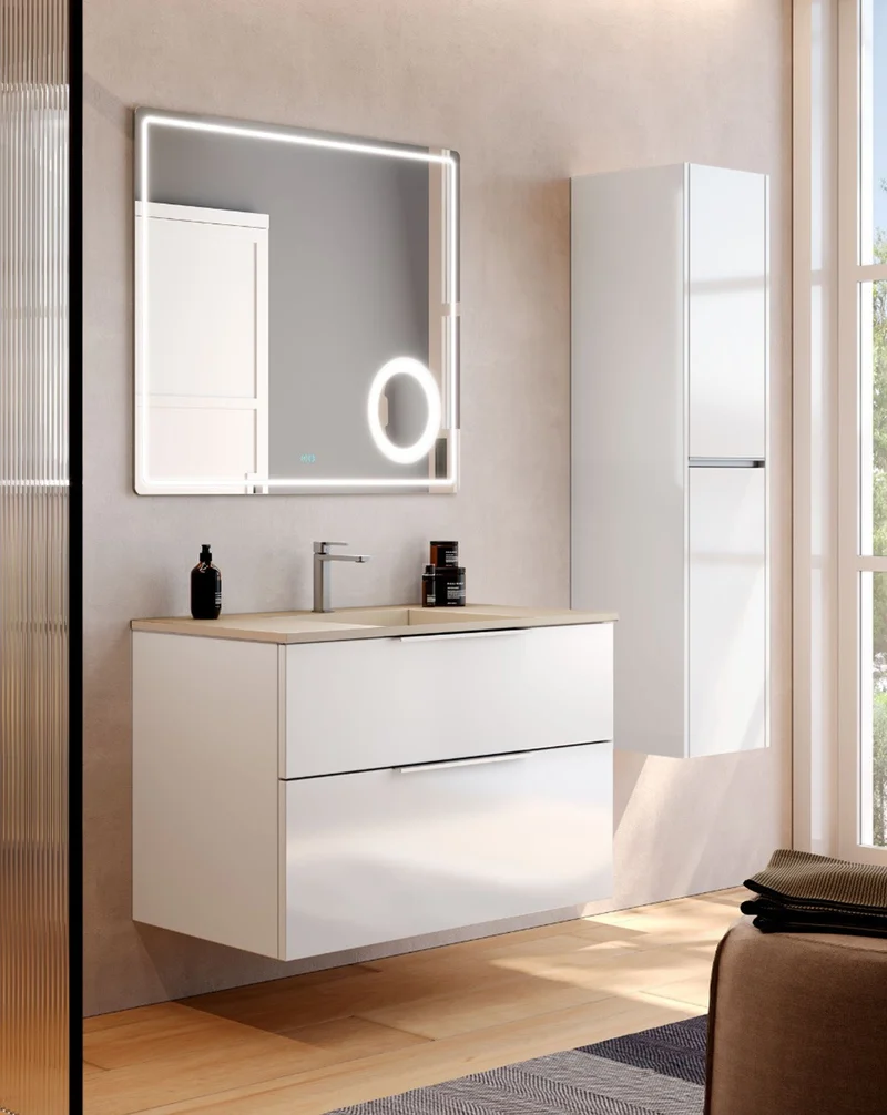 Galsaky Mueble de Baño Suspendido con Lavabo Cerámico | 2 cajones con Cierre Amortiguado y Organizador | Blanco Brillo