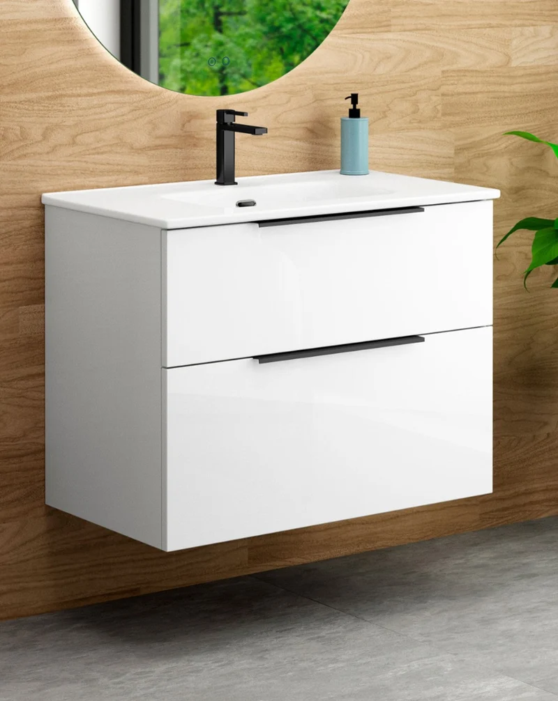 Galsaky Mueble de Baño Suspendido con Lavabo Cerámico | 2 cajones con Cierre Amortiguado y Organizador | Blanco Brillo