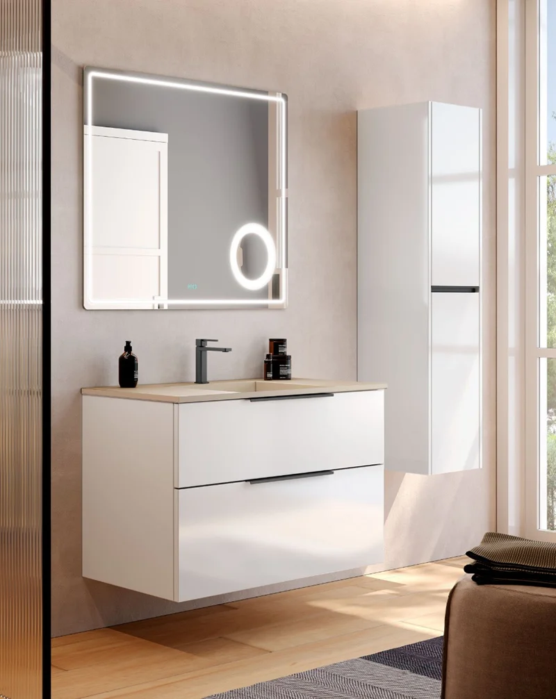 Galsaky Mueble de Baño Suspendido con Lavabo Cerámico | 2 cajones con Cierre Amortiguado y Organizador | Blanco Brillo