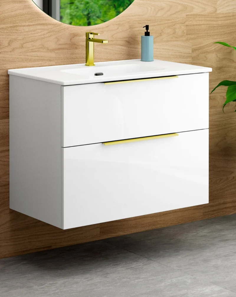 Galsaky Mueble de Baño Suspendido con Lavabo Cerámico | 2 cajones con Cierre Amortiguado y Organizador | Blanco Brillo