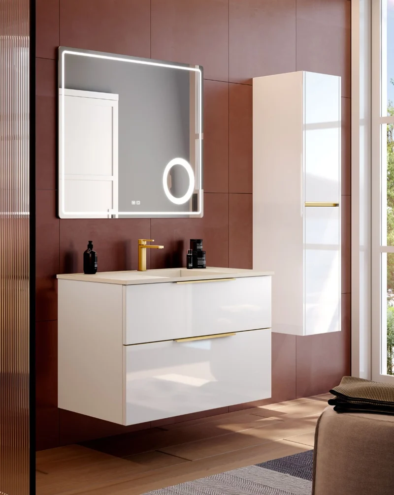 Galsaky Mueble de Baño Suspendido con Lavabo Cerámico | 2 cajones con Cierre Amortiguado y Organizador | Blanco Brillo