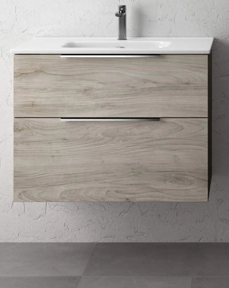 Galsaky Mueble de Baño Suspendido con Lavabo Cerámico | 2 cajones con Cierre Amortiguado y Organizador | Pino Gris