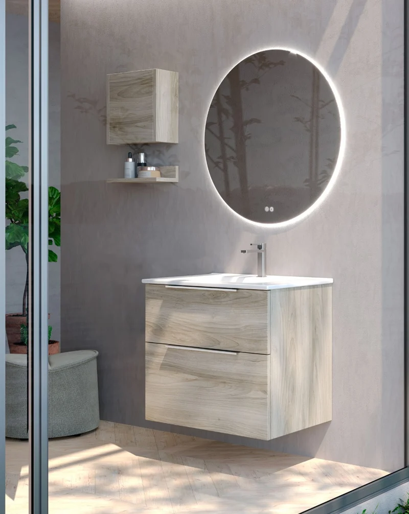 Galsaky Mueble de Baño Suspendido con Lavabo Cerámico | 2 cajones con Cierre Amortiguado y Organizador | Pino Gris