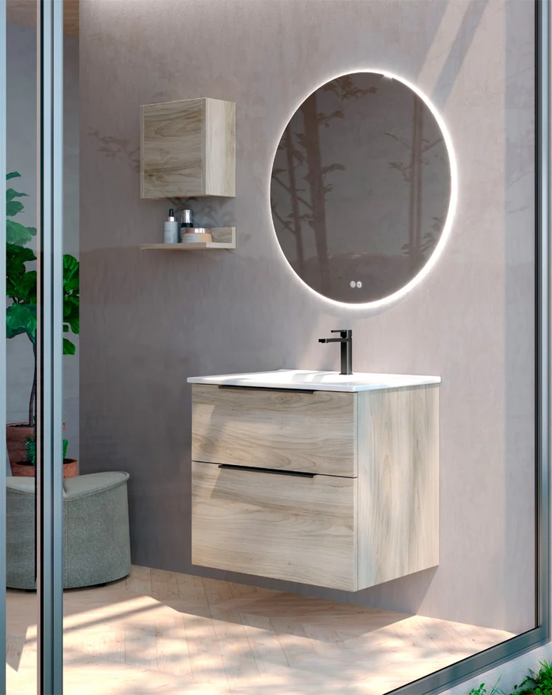 Galsaky Mueble de Baño Suspendido con Lavabo Cerámico | 2 cajones con Cierre Amortiguado y Organizador | Pino Gris