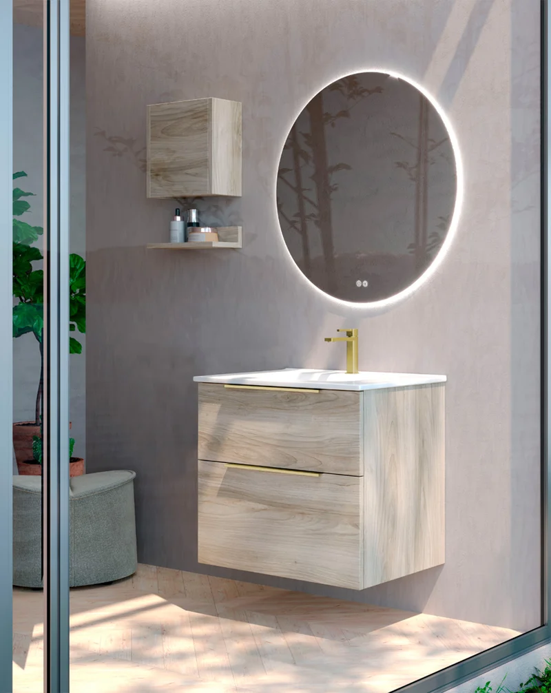 Galsaky Mueble de Baño Suspendido con Lavabo Cerámico | 2 cajones con Cierre Amortiguado y Organizador | Pino Gris