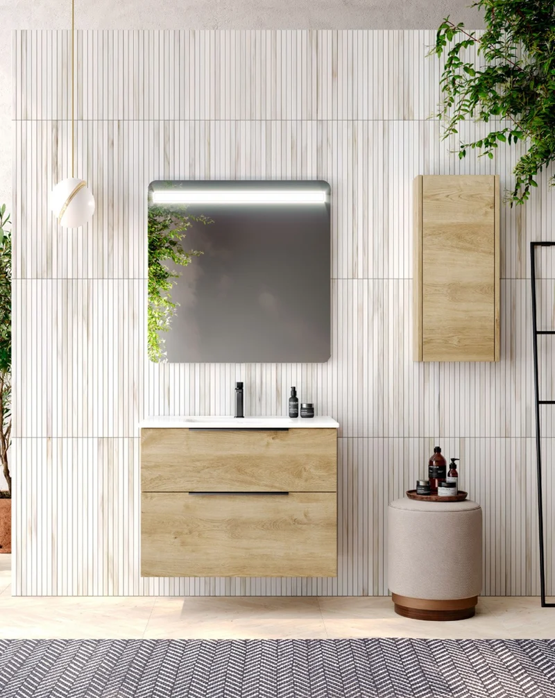 Galsaky Mueble de Baño Suspendido con Lavabo Cerámico | 2 cajones con Cierre Amortiguado y Organizador | Roble Natural