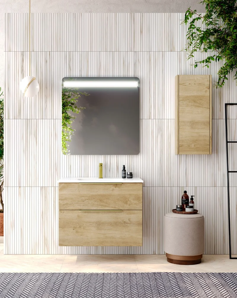 Galsaky Mueble de Baño Suspendido con Lavabo Cerámico | 2 cajones con Cierre Amortiguado y Organizador | Roble Natural