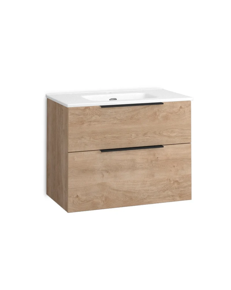 Galsaky Mueble de Baño Suspendido con Lavabo Cerámico | 2 cajones con Cierre Amortiguado y Organizador | Roble Natural