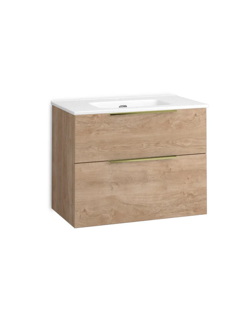Galsaky Mueble de Baño Suspendido con Lavabo Cerámico | 2 cajones con Cierre Amortiguado y Organizador | Roble Natural