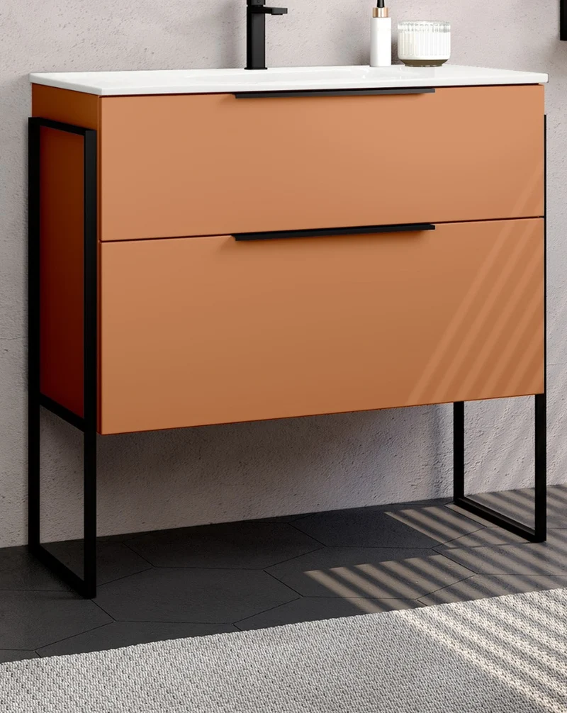 Galsaky Industrial Mueble de Baño Al Suelo con Lavabo Cerámico | 2 cajones con Cierre Amortiguado y Organizador | Sunset Mate