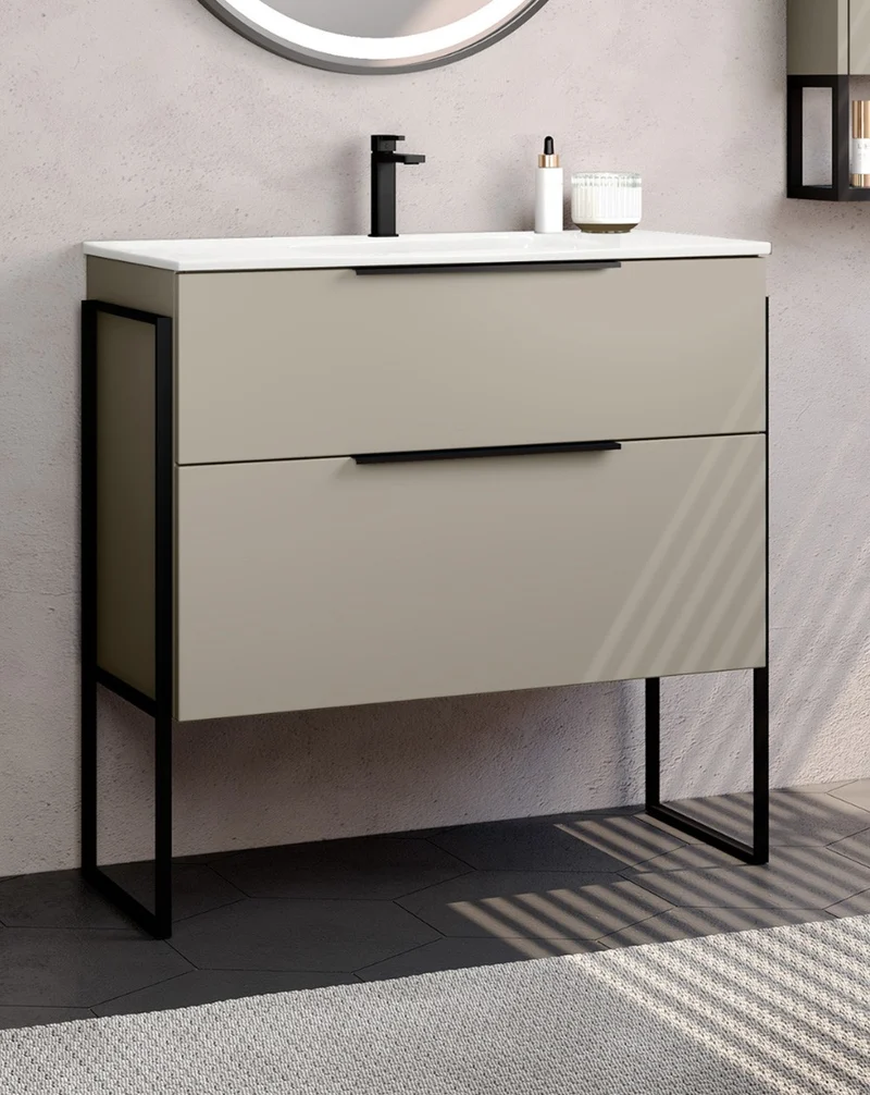 Galsaky Industrial Mueble de Baño Al Suelo con Lavabo Cerámico | 2 cajones con Cierre Amortiguado y Organizador | Moka Mate