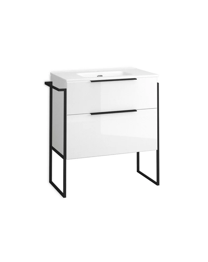 Galsaky Industrial Mueble de Baño Al Suelo con Lavabo Cerámico | 2 cajones con Cierre Amortiguado y Organizador | Blanco Brillo