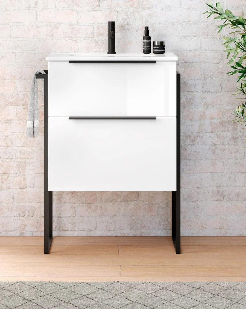 Galsaky Industrial Mueble de Baño Al Suelo con Lavabo Cerámico | 2 cajones con Cierre Amortiguado y Organizador | Blanco Brillo