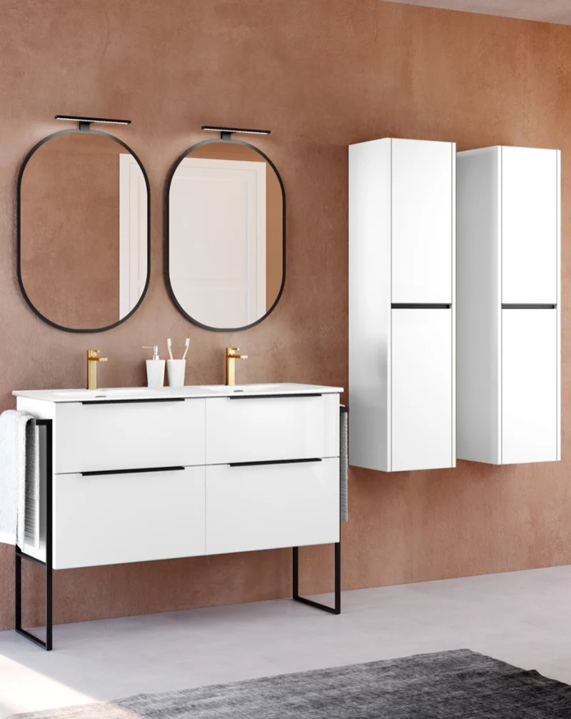 Galsaky Industrial Mueble de Baño Al Suelo con Lavabo Cerámico | 2 cajones con Cierre Amortiguado y Organizador | Blanco Brillo