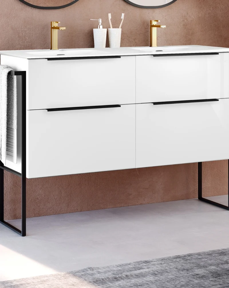 Galsaky Industrial Mueble de Baño Al Suelo con Lavabo Cerámico | 2 cajones con Cierre Amortiguado y Organizador | Blanco Brillo
