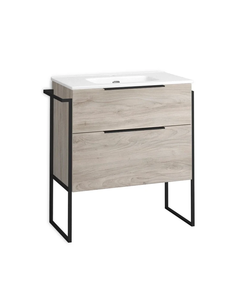 Galsaky Industrial Mueble de Baño Al Suelo con Lavabo Cerámico | 2 cajones con Cierre Amortiguado y Organizador | Pino Gris