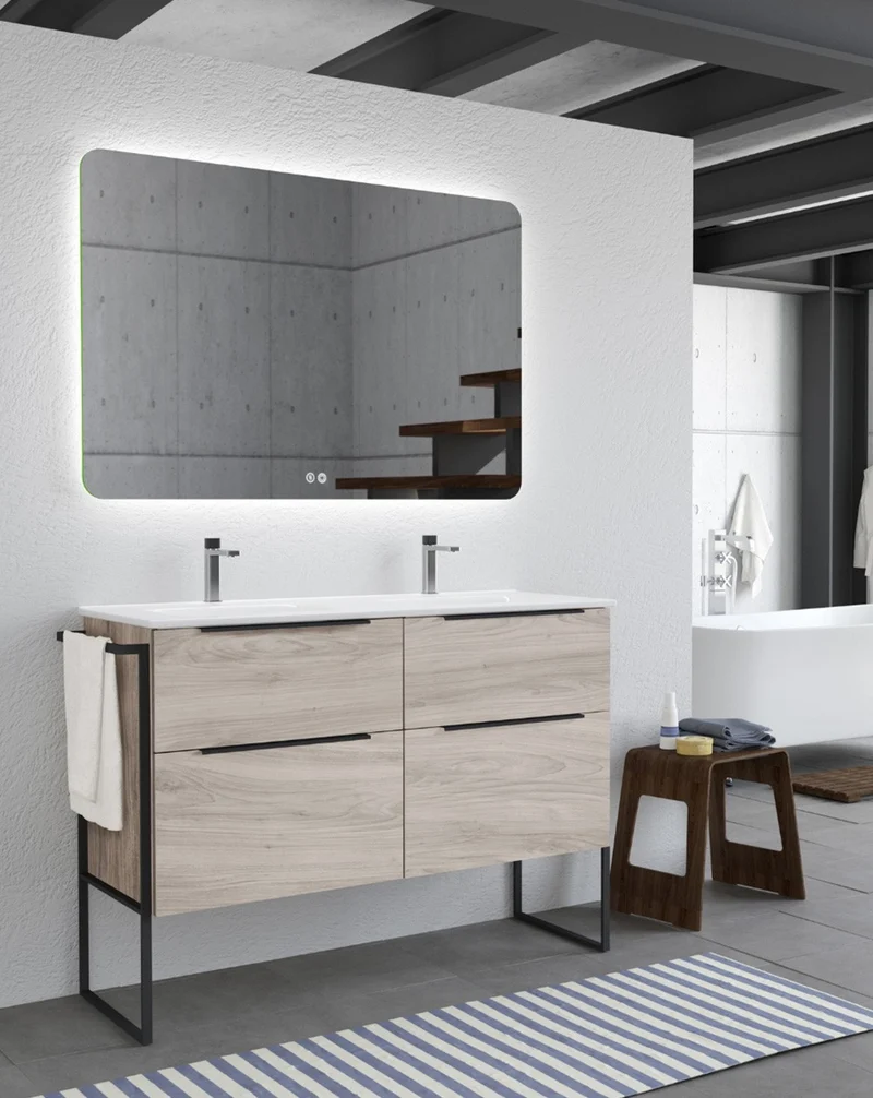 Galsaky Industrial Mueble de Baño Al Suelo con Lavabo Cerámico | 2 cajones con Cierre Amortiguado y Organizador | Pino Gris