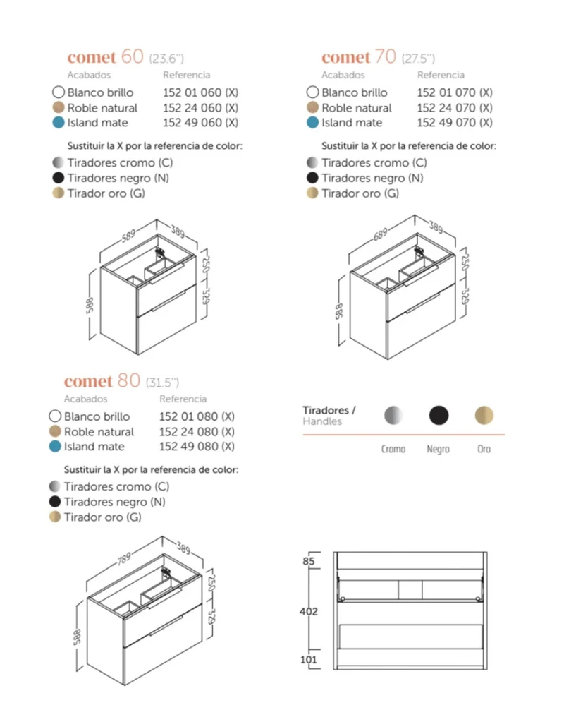 Comet Mueble de Baño Suspendido Fondo Reducido | 2 Cajones con Cierre Amortiguado y Lavabo Cerámico | Island Mate