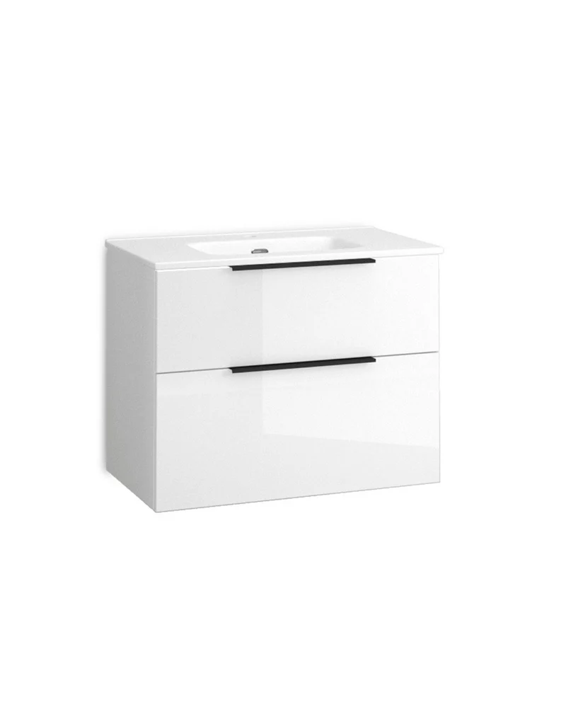 Comet Mueble de Baño Suspendido Fondo Reducido | 2 Cajones con Cierre Amortiguado y Lavabo Cerámico | Blanco Brillo