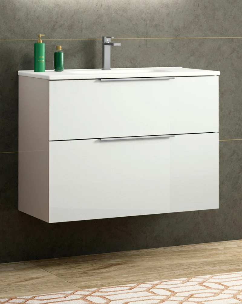 Comet Mueble de Baño Suspendido Fondo Reducido | 2 Cajones con Cierre Amortiguado y Lavabo Cerámico | Blanco Brillo