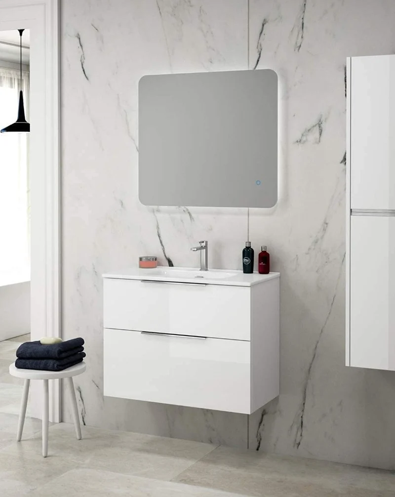 Comet Mueble de Baño Suspendido Fondo Reducido | 2 Cajones con Cierre Amortiguado y Lavabo Cerámico | Blanco Brillo
