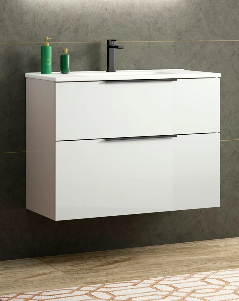Comet Mueble de Baño Suspendido Fondo Reducido | 2 Cajones con Cierre Amortiguado y Lavabo Cerámico | Blanco Brillo