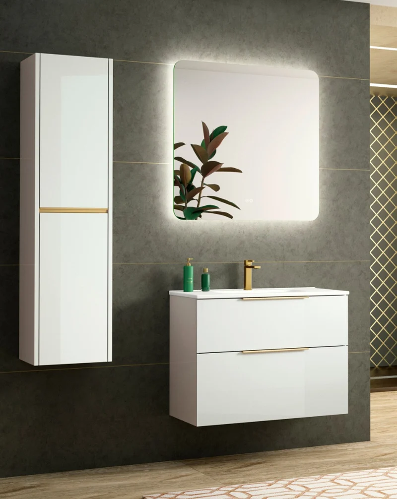 Comet Mueble de Baño Suspendido Fondo Reducido | 2 Cajones con Cierre Amortiguado y Lavabo Cerámico | Blanco Brillo