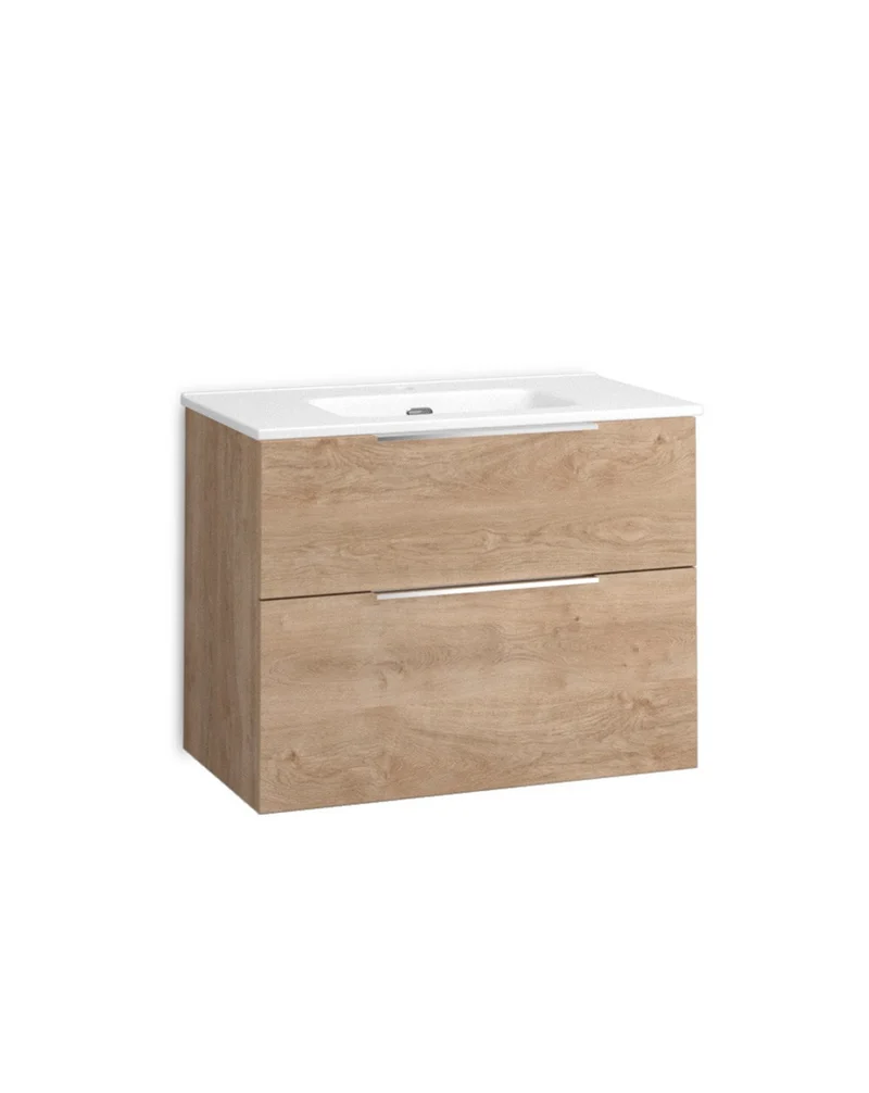 Comet Mueble de Baño Suspendido Fondo Reducido | 2 Cajones con Cierre Amortiguado y Lavabo Cerámico | Roble Natural