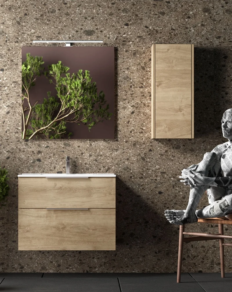 Comet Mueble de Baño Suspendido Fondo Reducido | 2 Cajones con Cierre Amortiguado y Lavabo Cerámico | Roble Natural