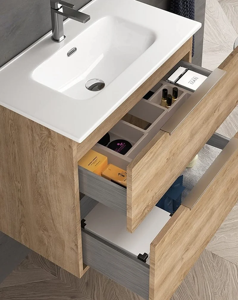 Comet Mueble de Baño Suspendido Fondo Reducido | 2 Cajones con Cierre Amortiguado y Lavabo Cerámico | Roble Natural