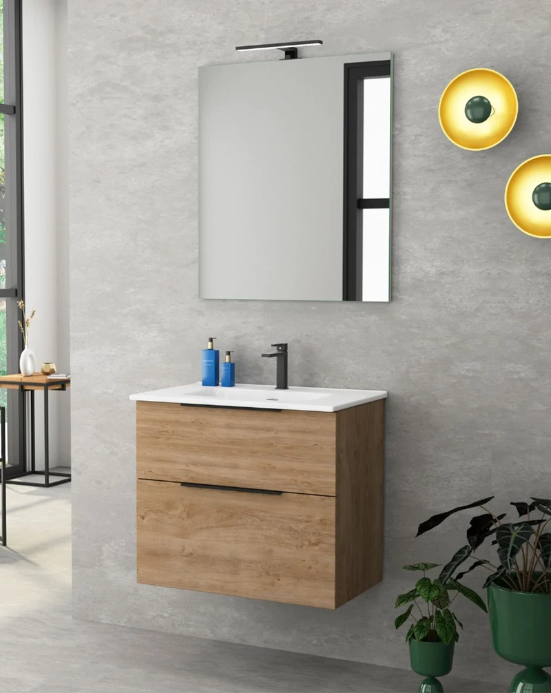 Comet Mueble de Baño Suspendido Fondo Reducido | 2 Cajones con Cierre Amortiguado y Lavabo Cerámico | Roble Natural