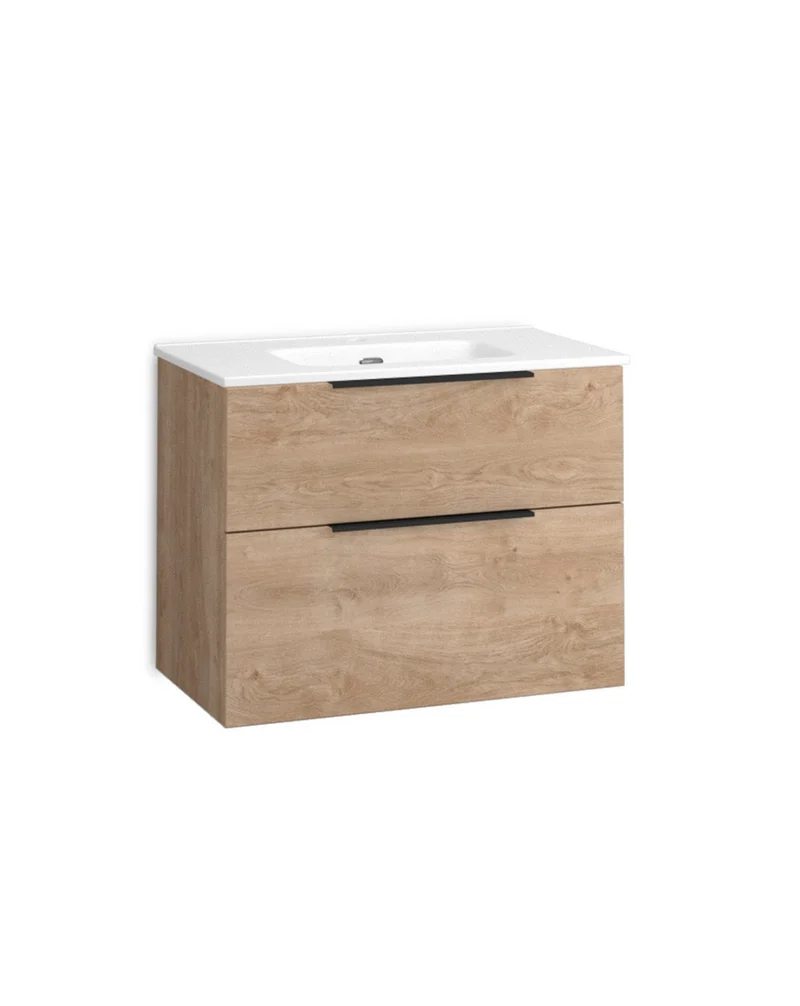 Comet Mueble de Baño Suspendido Fondo Reducido | 2 Cajones con Cierre Amortiguado y Lavabo Cerámico | Roble Natural