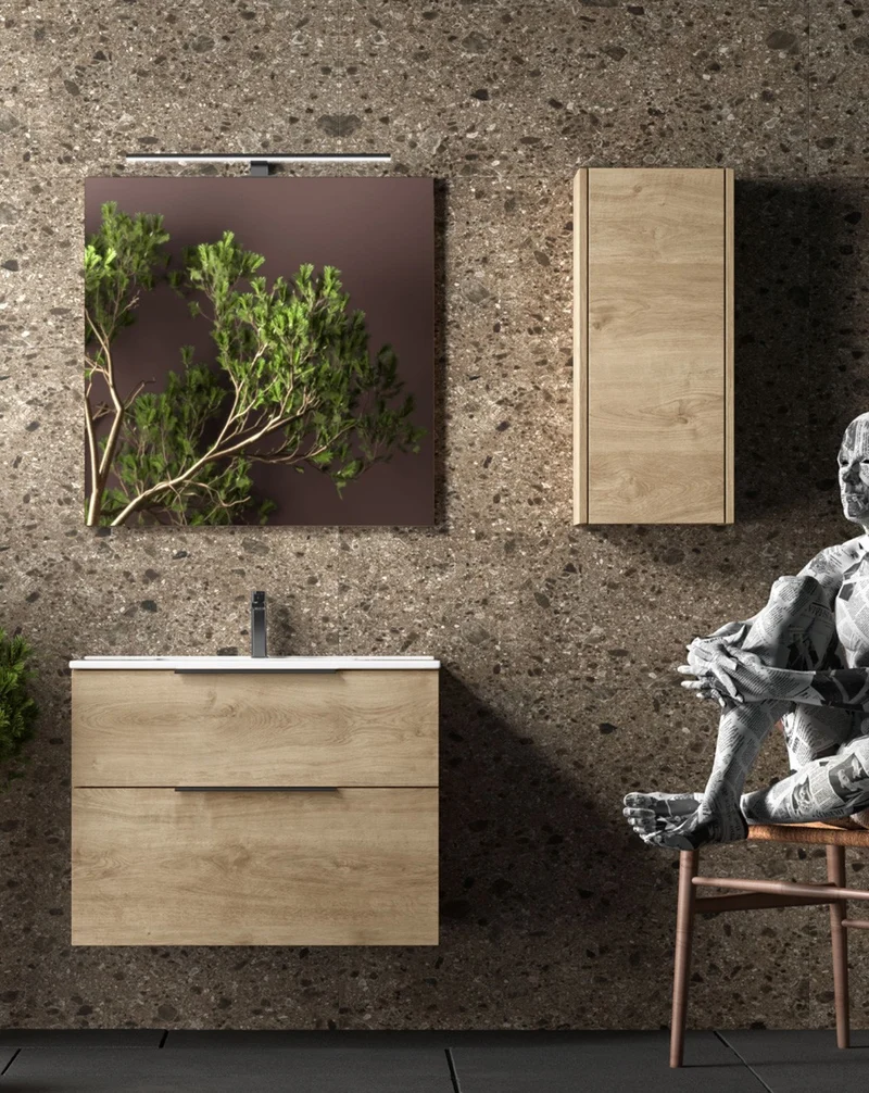 Comet Mueble de Baño Suspendido Fondo Reducido | 2 Cajones con Cierre Amortiguado y Lavabo Cerámico | Roble Natural