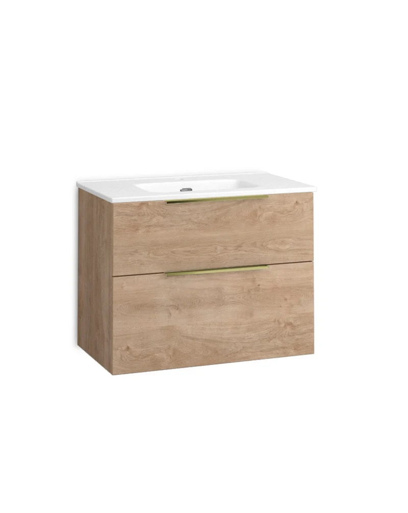 Comet Mueble de Baño Suspendido Fondo Reducido | 2 Cajones con Cierre Amortiguado y Lavabo Cerámico | Roble Natural