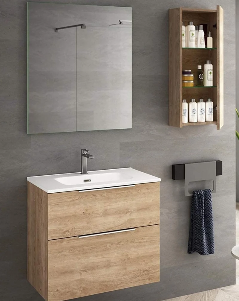 Comet Mueble de Baño Suspendido Fondo Reducido | 2 Cajones con Cierre Amortiguado y Lavabo Cerámico | Roble Natural
