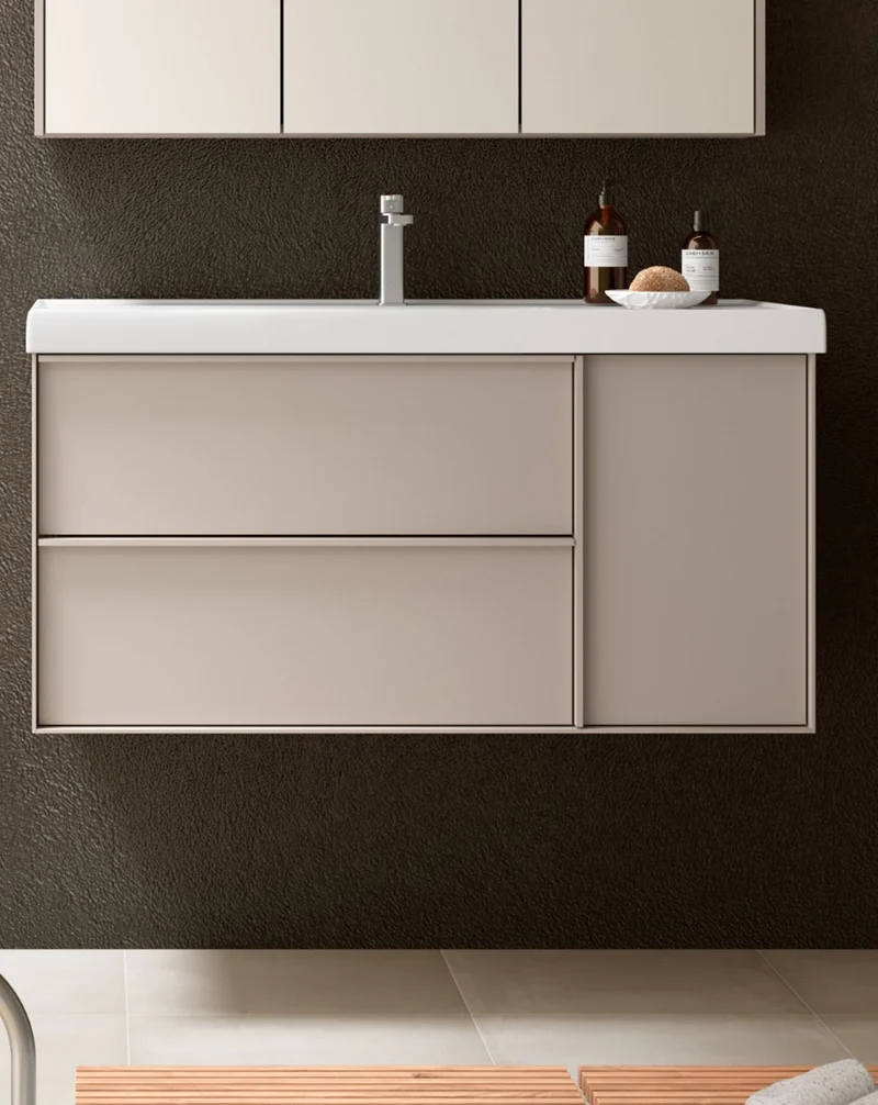 Oslo Mueble de Baño Suspendido con Lavabo Cerámico | Puerta Lateral con Cierre Amortiguado y Organizador | Moka Mate