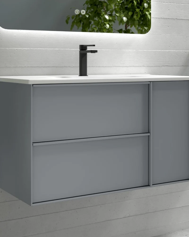 Oslo Mueble de Baño Suspendido con Lavabo Cerámico | Puerta Lateral con Cierre Amortiguado y Organizador | Mist Mate