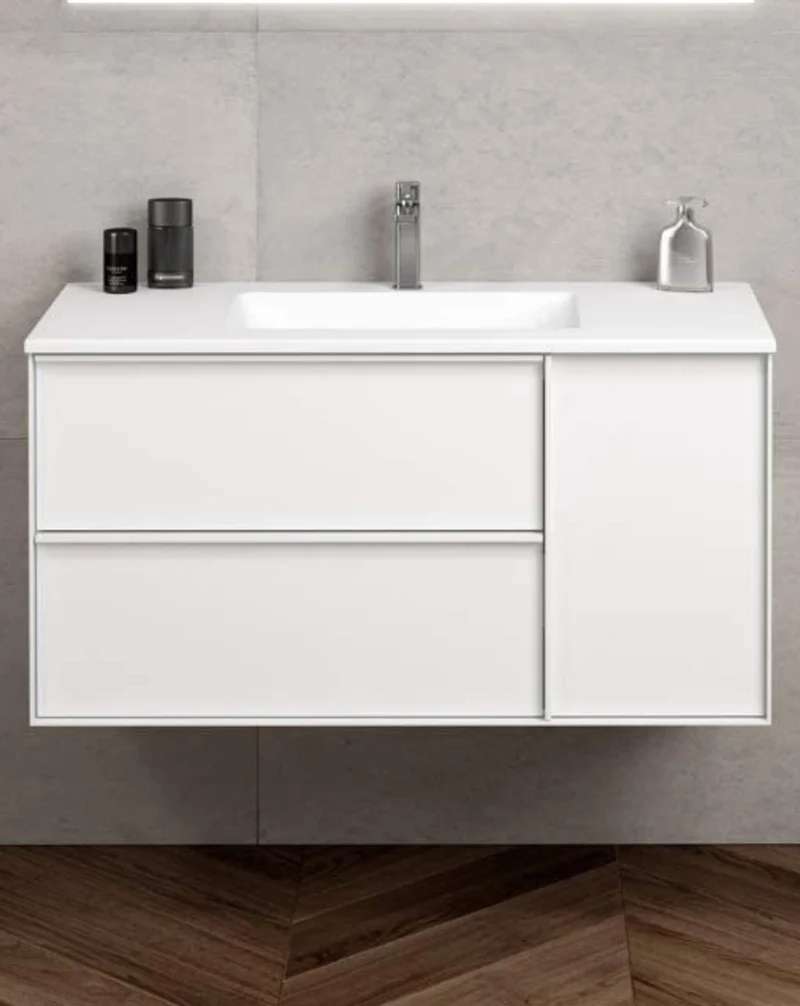 Oslo Mueble de Baño Suspendido con Lavabo Cerámico | Puerta Lateral con Cierre Amortiguado y Organizador | Blanco Mate