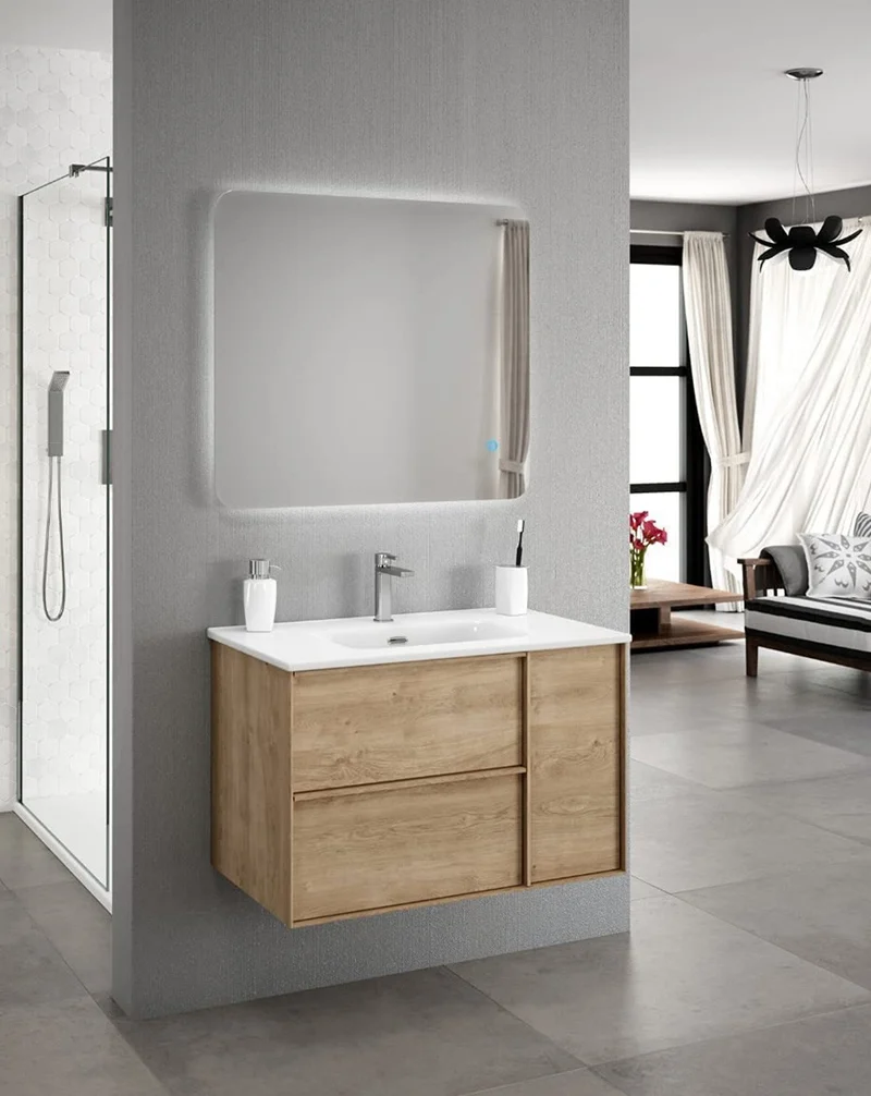 Oslo Mueble de Baño Suspendido con Lavabo Cerámico | Puerta Lateral con Cierre Amortiguado y Organizador | Roble Natural