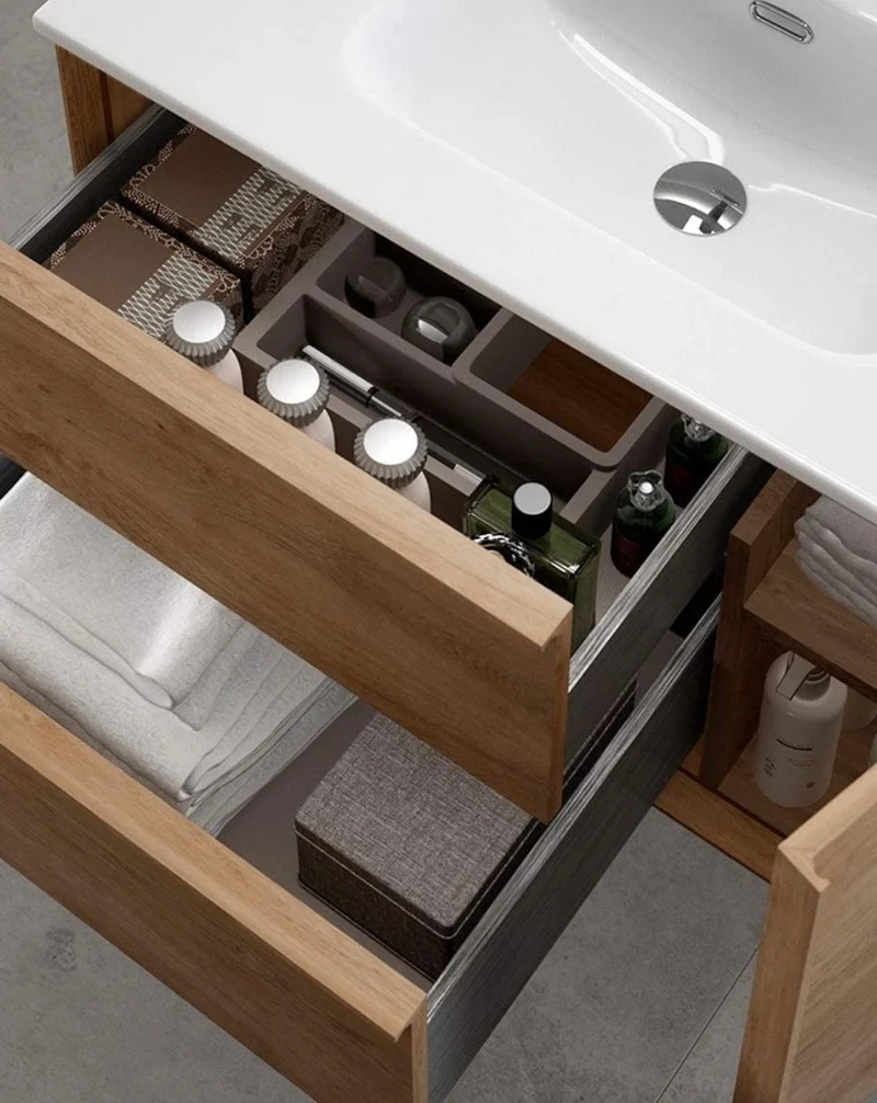 Oslo Mueble de Baño Suspendido con Lavabo Cerámico | Puerta Lateral con Cierre Amortiguado y Organizador | Roble Natural