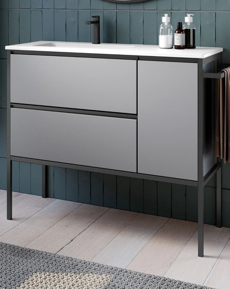 Avant Mueble de Baño Al Suelo con Lavabo Cerámico | 2 cajones y Puerta Lateral con Cierre Amortiguado y Organizador | Mist Mate